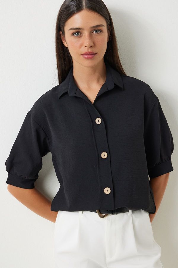 Happiness İstanbul Happiness İstanbul Women's Black Balloon Sleeve Linen Ayrobin Shirt