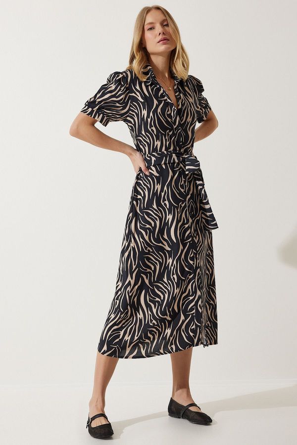 Happiness İstanbul Happiness İstanbul Women's Black Beige Patterned Belted Summer Shirt Dress