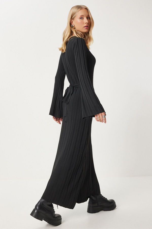Happiness İstanbul Happiness İstanbul Women's Black Belted Ribbed Long Knit Dress
