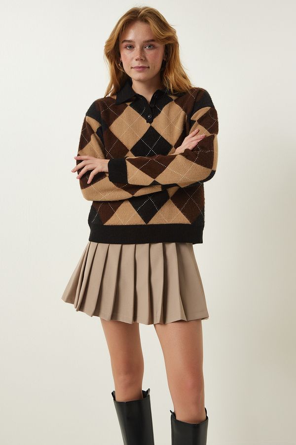 Happiness İstanbul Happiness İstanbul Women's Black Biscuit Polo Neck Diamond Patterned Knitwear Sweater