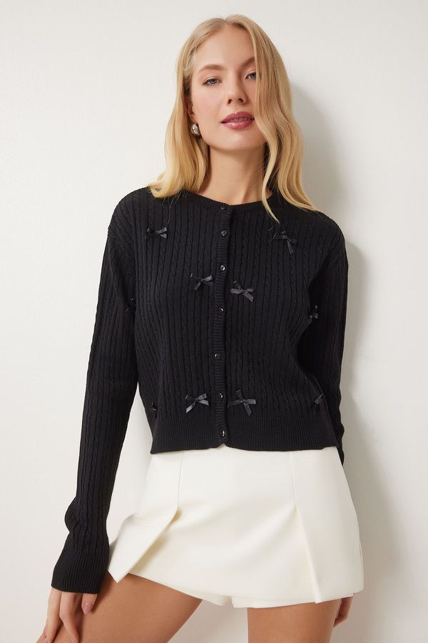 Happiness İstanbul Happiness İstanbul Women's Black Bow Knitted Sweater Cardigan