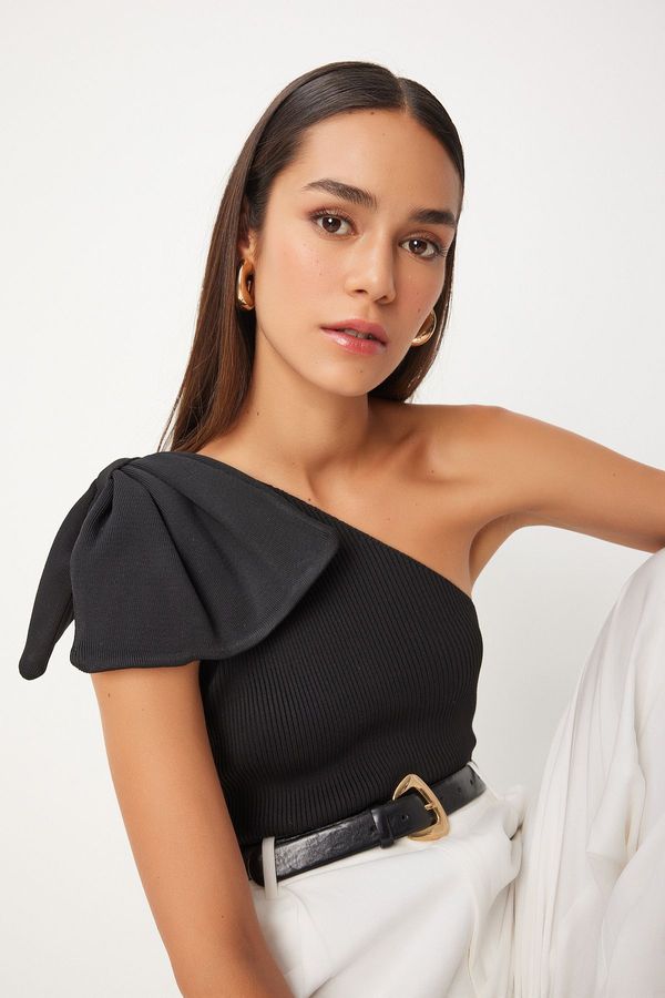 Happiness İstanbul Happiness İstanbul Women's Black Bow One Shoulder Knitwear Blouse
