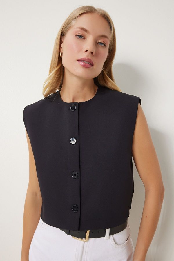 Happiness İstanbul Happiness İstanbul Women's Black Buttoned Crop Woven Vest