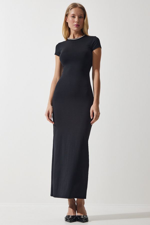 Happiness İstanbul Happiness İstanbul Women's Black Crew Neck Wraparound Sandy Knitted Dress