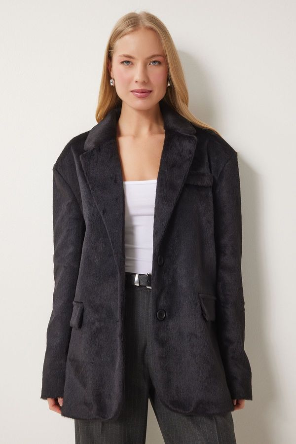 Happiness İstanbul Happiness İstanbul Women's Black Double Breasted Faux Fur Jacket