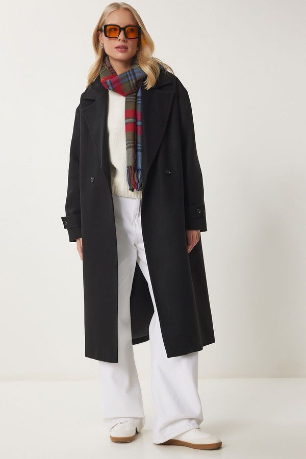 Happiness İstanbul Happiness İstanbul Women's Black Double Breasted Lapel Stamp Coat