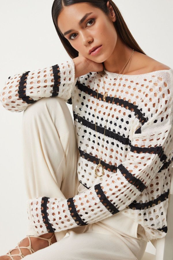 Happiness İstanbul Happiness İstanbul Women's Black Ecru Openwork Striped Knitwear Blouse
