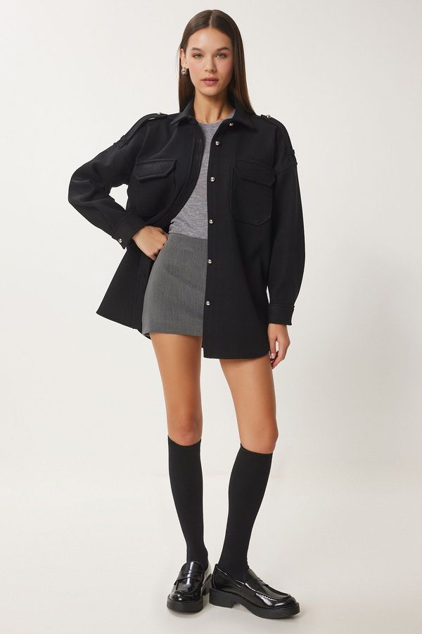 Happiness İstanbul Happiness İstanbul Women's Black Epaulettes Pocket Woven Shirt Jacket