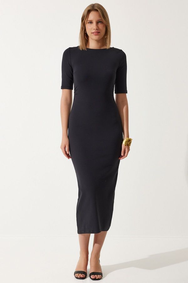 Happiness İstanbul Happiness İstanbul Women's Black Gather Detailed Summer Knitted Dress