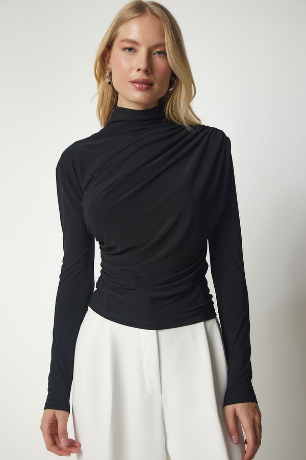 Happiness İstanbul Happiness İstanbul Women's Black Gathered Detailed High Neck Sandy Blouse