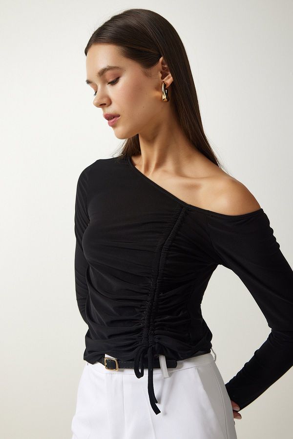 Happiness İstanbul Happiness İstanbul Women's Black Gathered Detailed Knitted Blouse