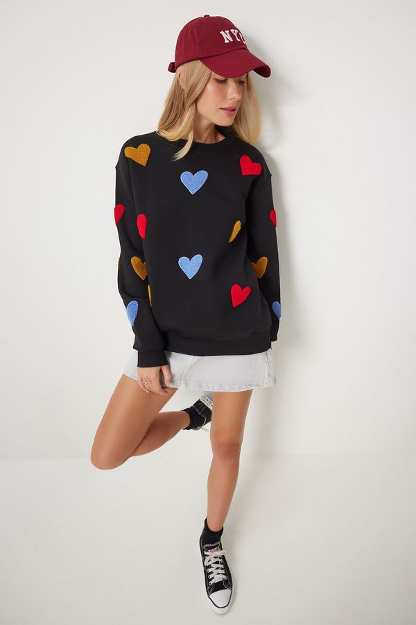 Happiness İstanbul Happiness İstanbul Women's Black Heart Textured Raised Knit Sweatshirt