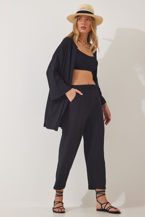 Happiness İstanbul Happiness İstanbul Women's Black Kimono Pants Knitted Set