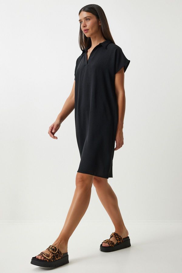 Happiness İstanbul Happiness İstanbul Women's Black Polo Neck Summer Loose Linen Ayrobin Dress