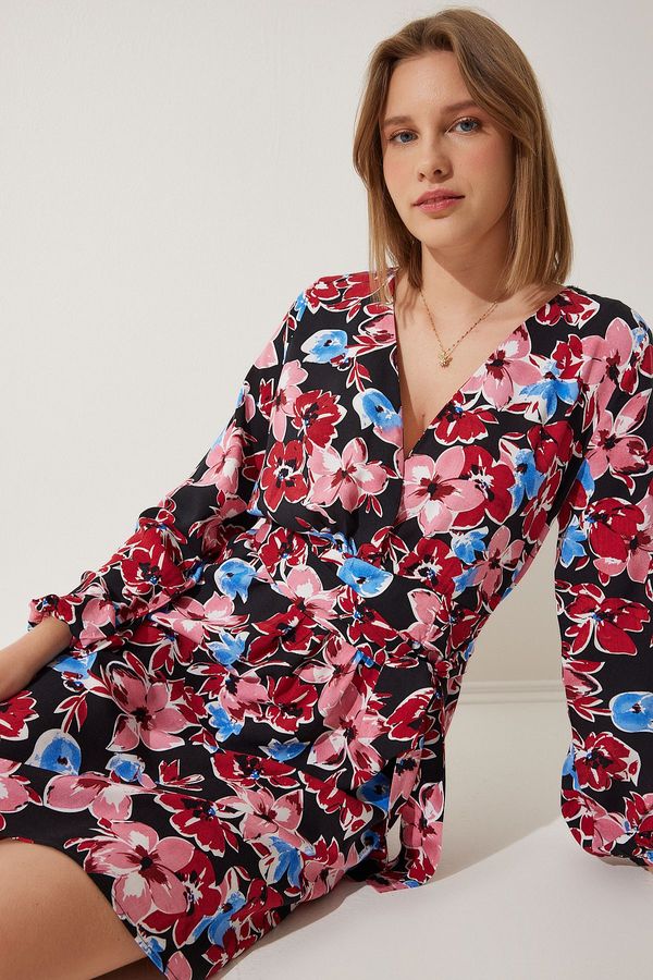 Happiness İstanbul Happiness İstanbul Women's Black Red Deep V-neck Patterned Summer Dress