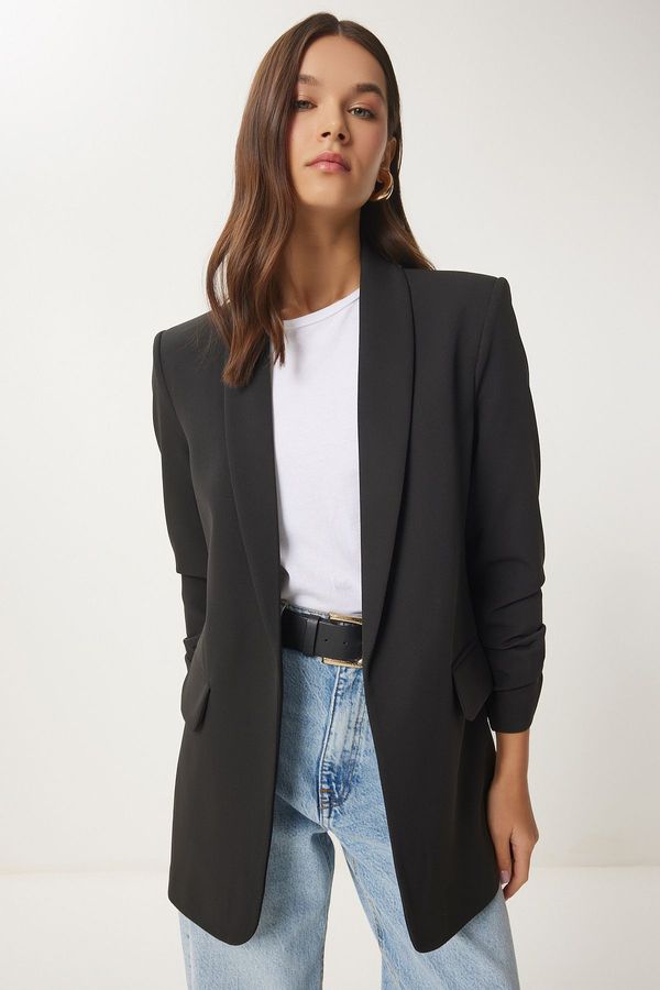 Happiness İstanbul Happiness İstanbul Women's Black Shawl Collar Drawstring Detailed Woven Blazer Jacket