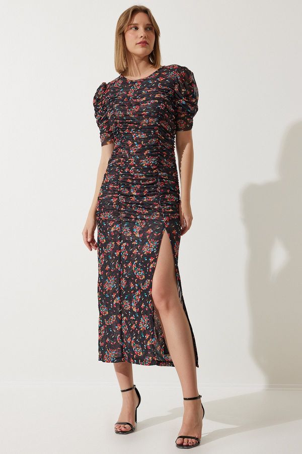 Happiness İstanbul Happiness İstanbul Women's Black Slit Floral Tulle Dress