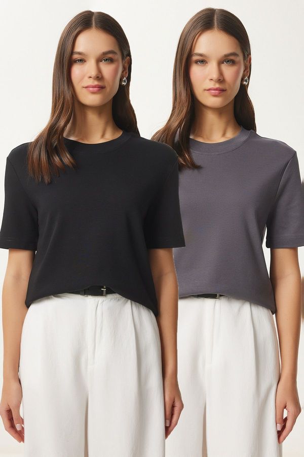 Happiness İstanbul Happiness İstanbul Women's Black Smoke 2-Pack Cotton Basic Knitted T-Shirt