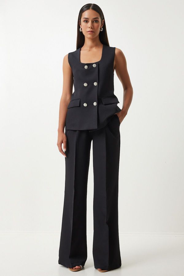 Happiness İstanbul Happiness İstanbul Women's Black Square Collar Woven Vest Trousers Suit