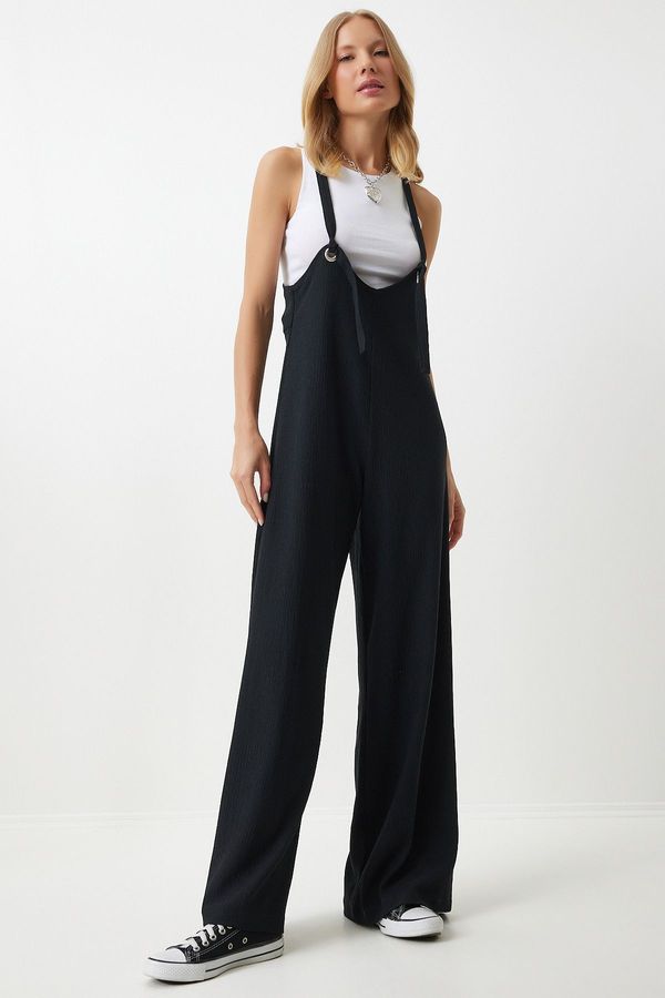 Happiness İstanbul Happiness İstanbul Women's Black Strap Wide Leg Summer Knitted Jumpsuit