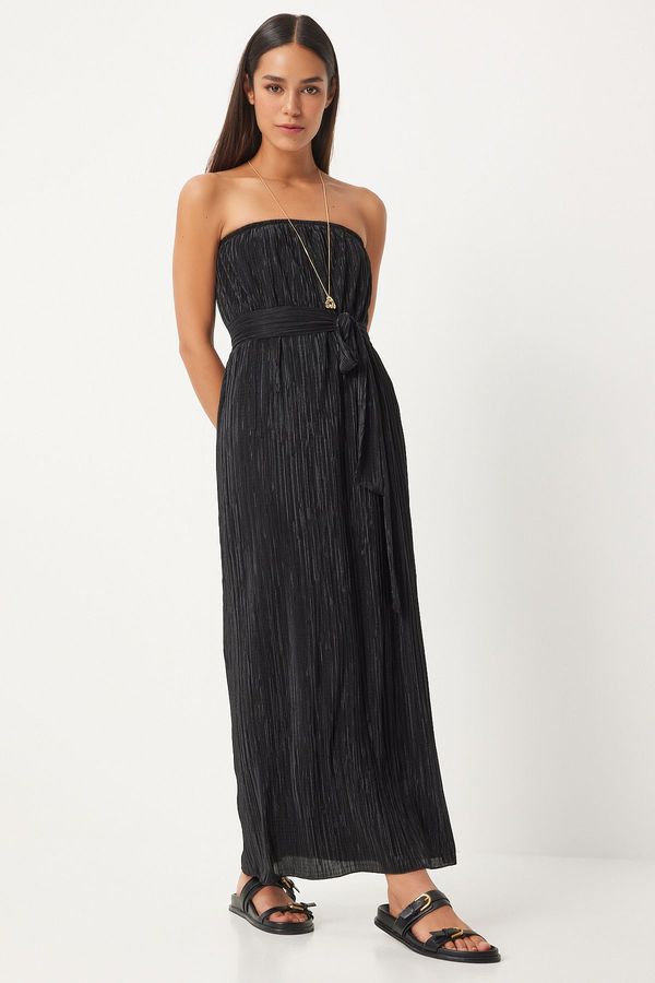 Happiness İstanbul Happiness İstanbul Women's Black Strapless Belted Pleated Dress