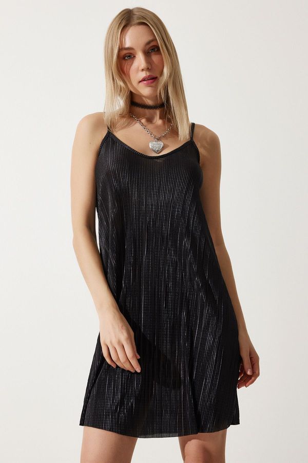 Happiness İstanbul Happiness İstanbul Women's Black Strappy Pleated Summer Mini Knitted Dress