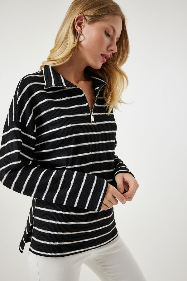 Happiness İstanbul Happiness İstanbul Women's Black Striped Oversize Seasonal Knitwear Blouse