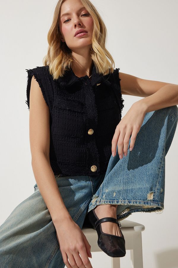 Happiness İstanbul Happiness İstanbul Women's Black Stylish Buttoned Patterned Crop Tweed Vest