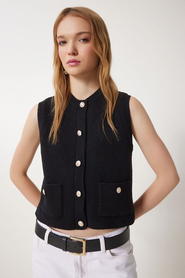 Happiness İstanbul Happiness İstanbul Women's Black Stylish Buttoned Pocket Knitwear Vest