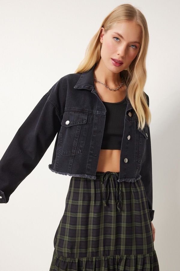 Happiness İstanbul Happiness İstanbul Women's Black Tassel Detailed Denim Crop Jacket