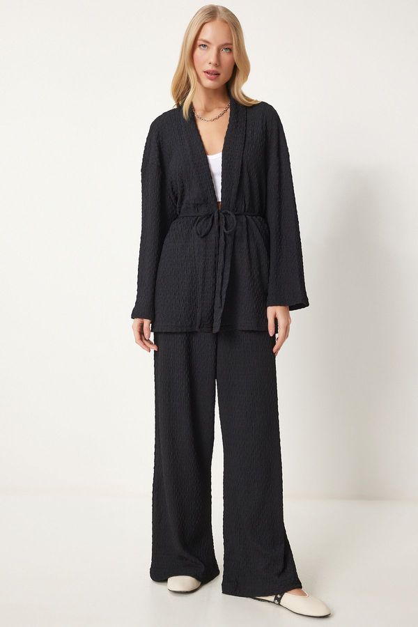 Happiness İstanbul Happiness İstanbul Women's Black Textured Knitted Kimono Pants Set