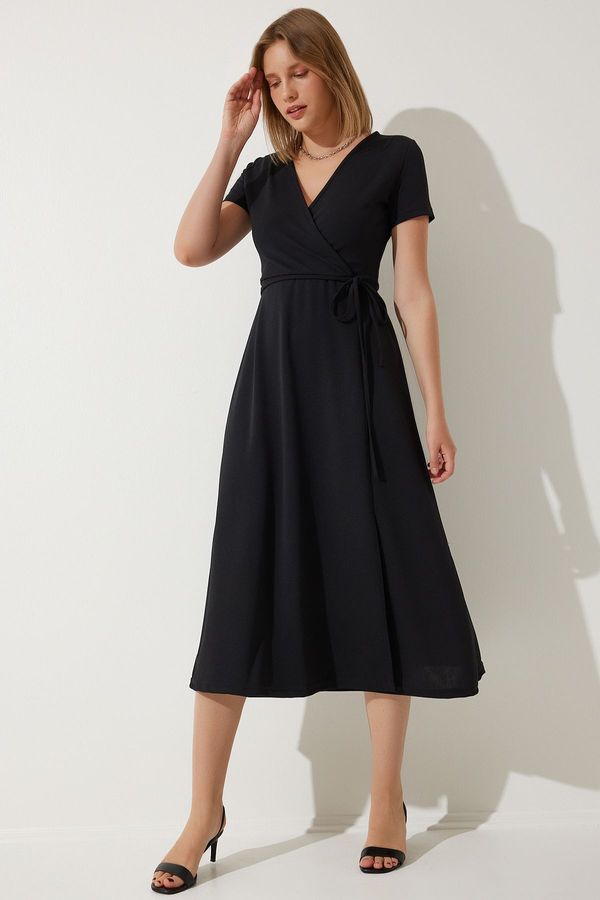 Happiness İstanbul Happiness İstanbul Women's Black V-Neck Wrap Midi Knitted Dress