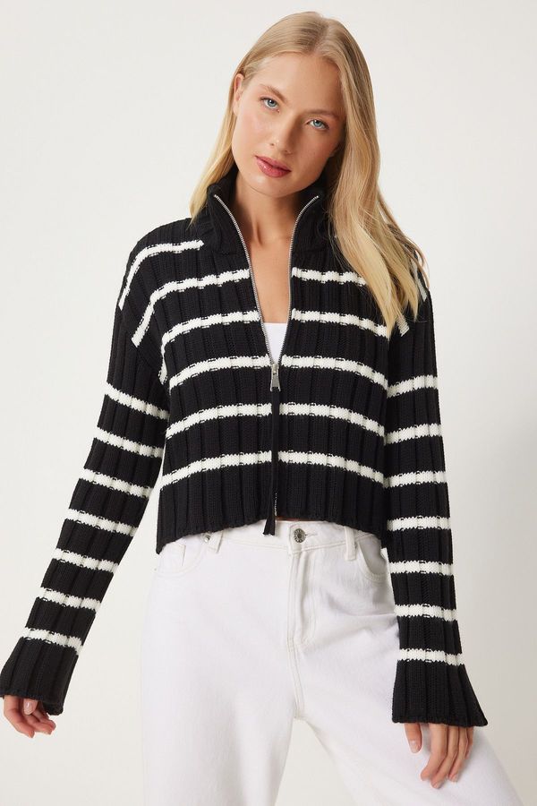 Happiness İstanbul Happiness İstanbul Women's Black Zippered Striped Stand Collar Knitwear Cardigan