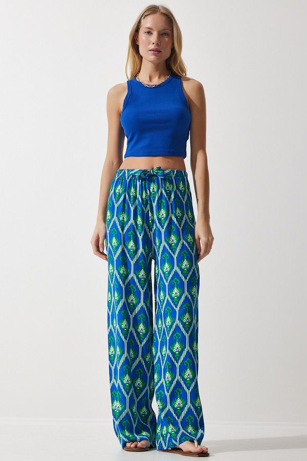 Happiness İstanbul Happiness İstanbul Women's Blue Green Patterned Flowing Viscose Palazzo Trousers