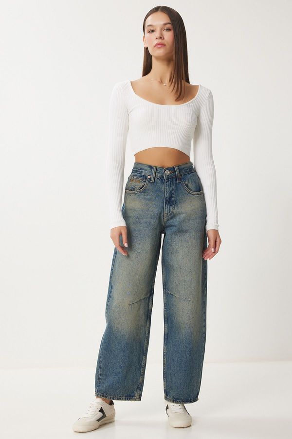 Happiness İstanbul Happiness İstanbul Women's Blue High Waist Faded Effect Baggy Jeans