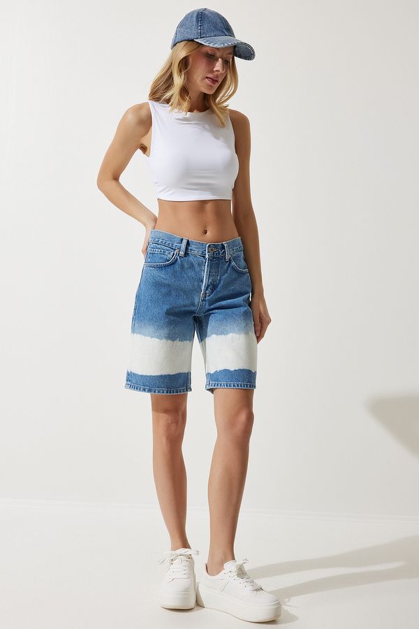 Happiness İstanbul Happiness İstanbul Women's Blue Tie Dye Patterned Denim Shorts