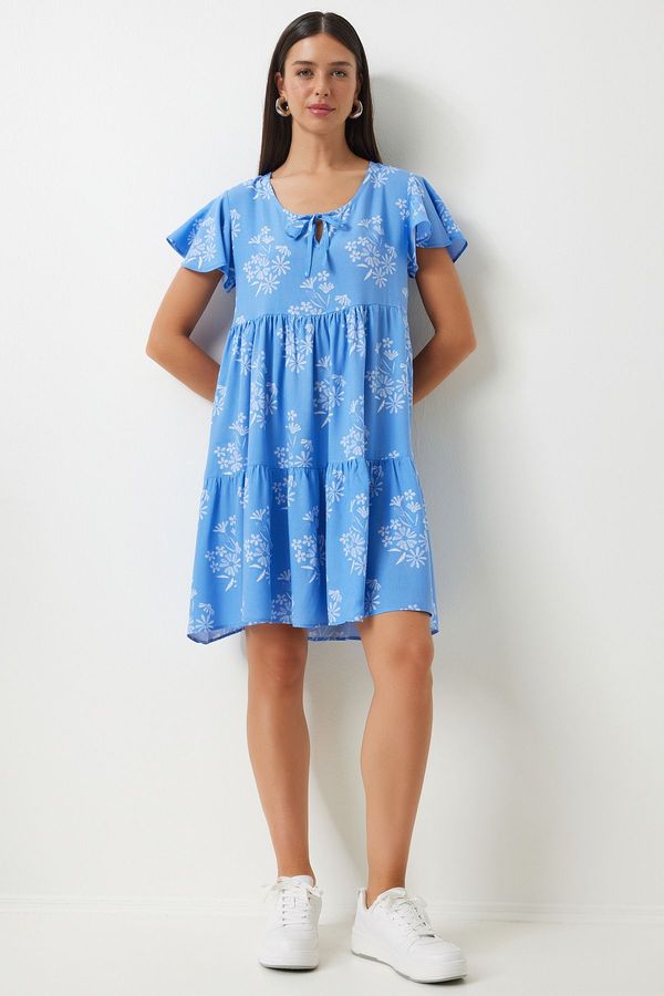 Happiness İstanbul Happiness İstanbul Women's Blue White Floral Summer Flared Viscose Dress