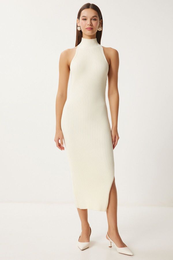 Happiness İstanbul Happiness İstanbul Women's Bone Off-Shoulder Wrapped Ribbed Knit Dress