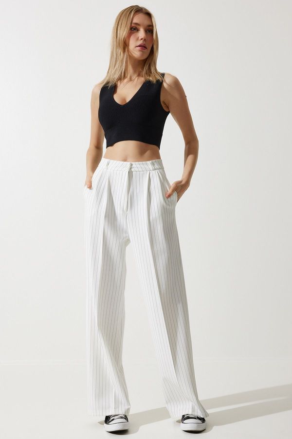 Happiness İstanbul Happiness İstanbul Women's Broken White Thin Striped Masculine Palazzo Pants