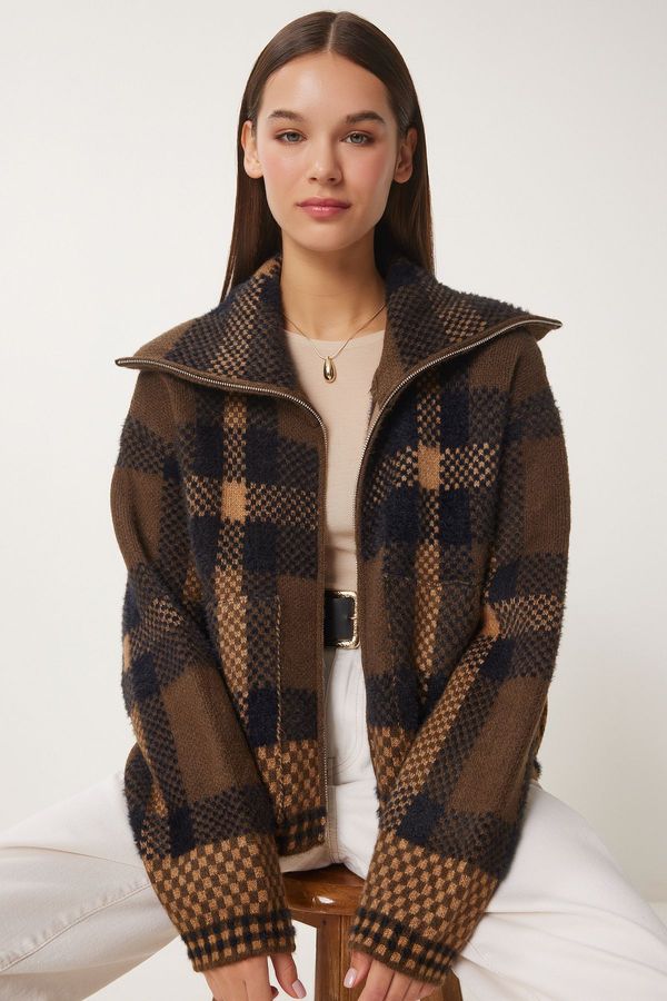 Happiness İstanbul Happiness İstanbul Women's Brown Beige Checked Zippered Knitwear Cardigan