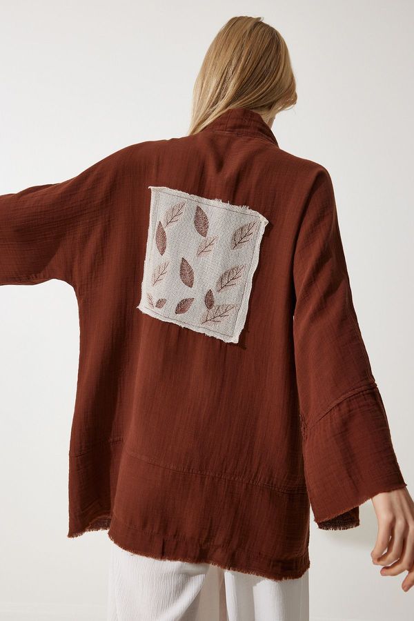 Happiness İstanbul Happiness İstanbul Women's Brown Floral Detailed Premium Muslin Kimono