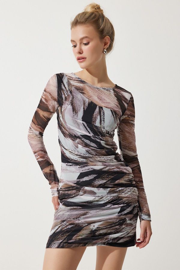 Happiness İstanbul Happiness İstanbul Women's Brown Patterned Gathered Mini Chiffon Dress