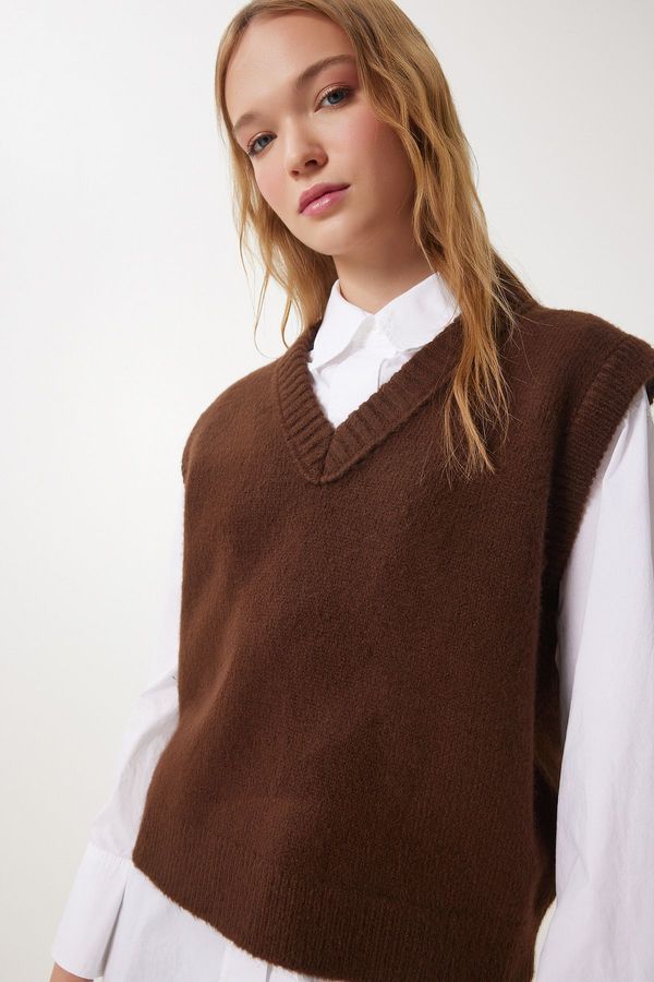 Happiness İstanbul Happiness İstanbul Women's Brown V Neck Knitted Sweater