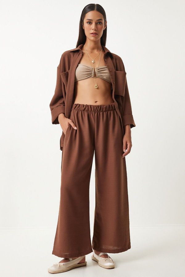 Happiness İstanbul Happiness İstanbul Women's Brown Wide Pocket Linen Blend Shirt and Trousers Set