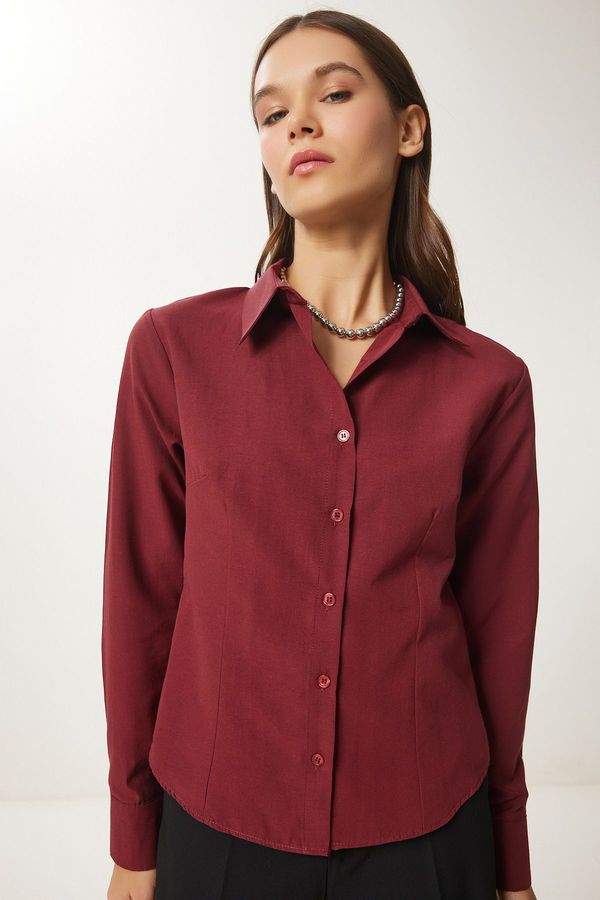 Happiness İstanbul Happiness İstanbul Women's Burgundy Buttoned Basic Shirt