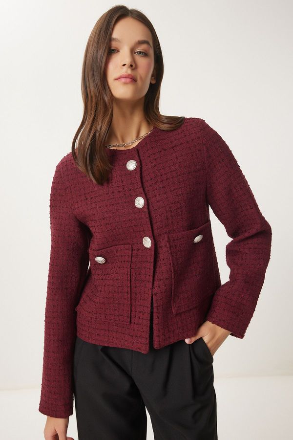 Happiness İstanbul Happiness İstanbul Women's Burgundy Buttoned Tweed Jacket