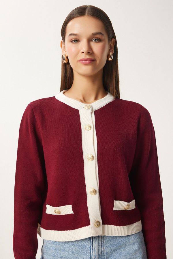 Happiness İstanbul Happiness İstanbul Women's Burgundy Contrast Color Stylish Buttoned Knitwear Cardigan
