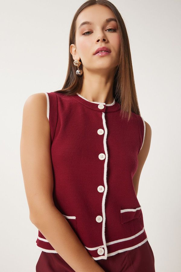 Happiness İstanbul Happiness İstanbul Women's Burgundy Contrast Stripe Detailed Knitwear Vest