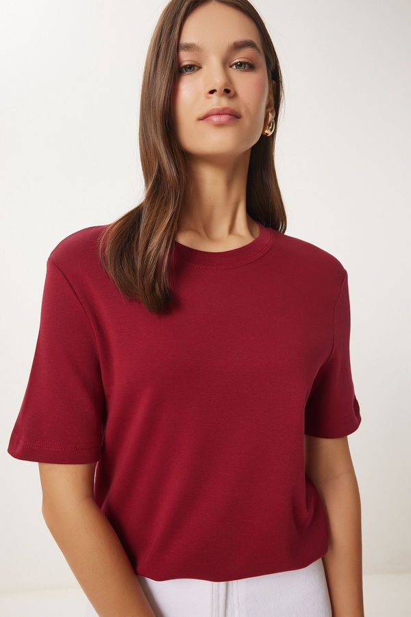 Happiness İstanbul Happiness İstanbul Women's Burgundy Cotton Basic Knitted T-Shirt