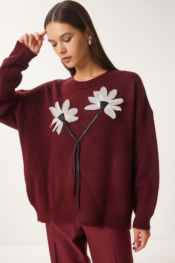 Happiness İstanbul Happiness İstanbul Women's Burgundy Floral Detailed Knitwear Sweater